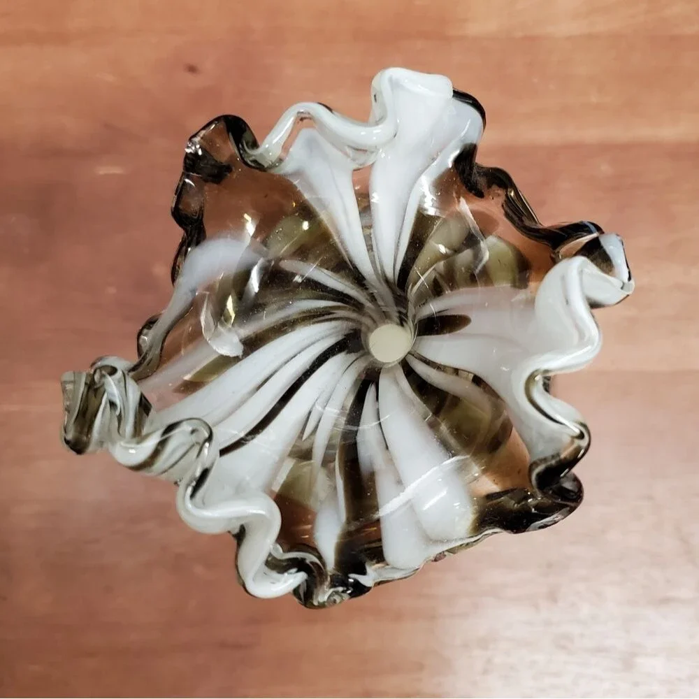 Opaline White Swirl Glass Bud Vase Ruffled Rim Empoli